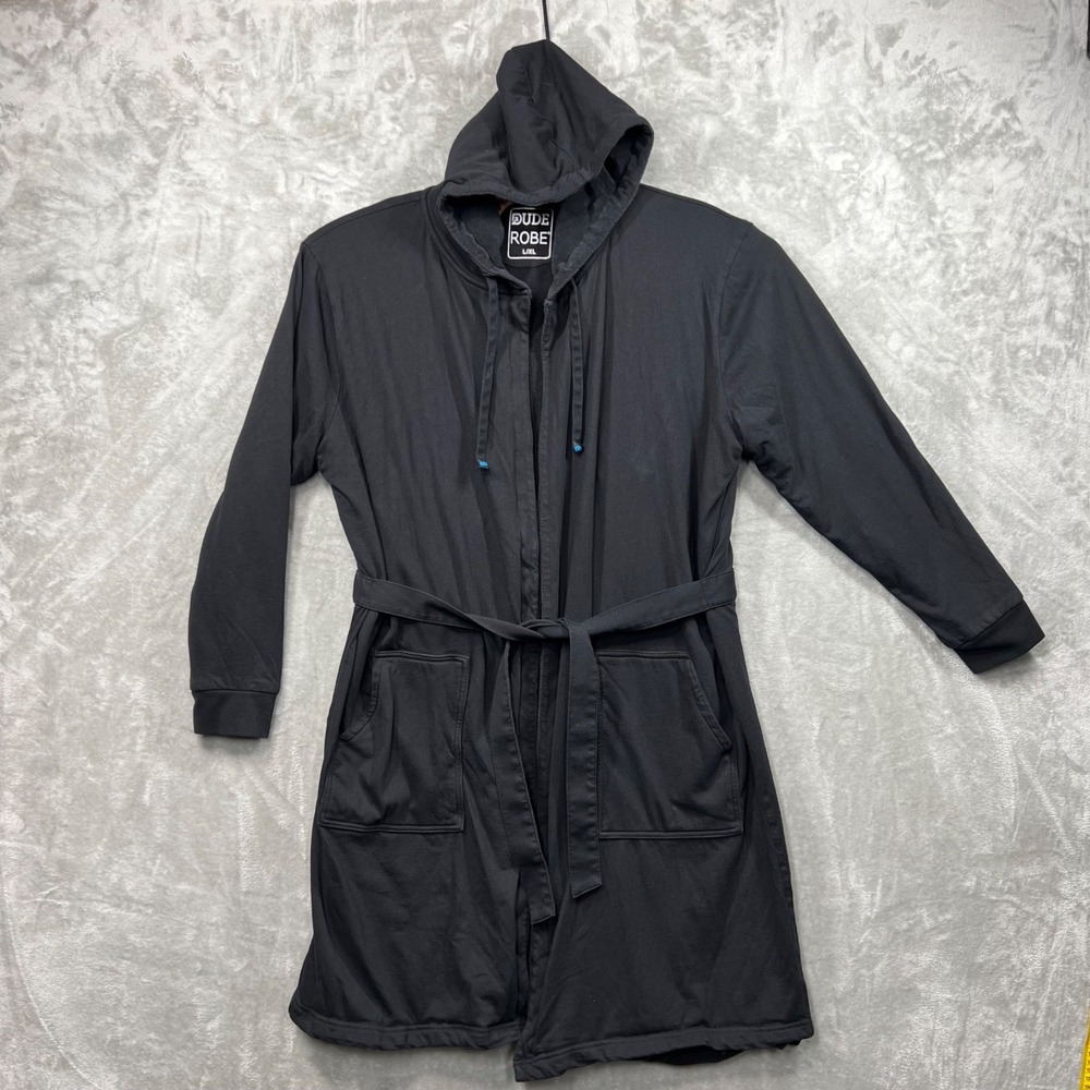 DUDE ROBE Men's Hooded Black Robe Soft‎ Lounge Wear- Size L/XL